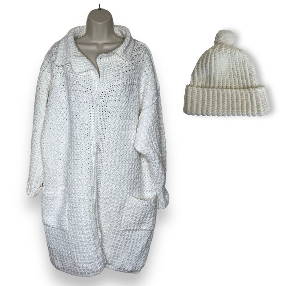 Vintage Handmade Crochet Sweater Coat Matching Pom Hat White Button Up Women XL
